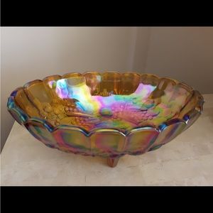 Vintage Indiana Glass Harvest Grape Carnival Glass Amber Oval Footed Bowl 12”